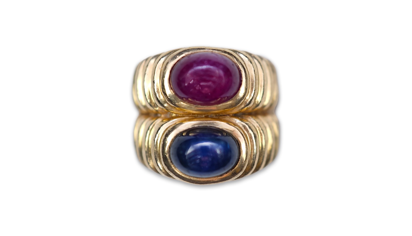 A sapphire and ruby ring